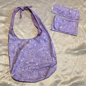Handmade tie strap bag, wallet pouch & mask whimsical sparkling purple sparkly